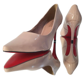 Scarpin Nude Verniz Salto Médio 8cm Sola Vermelha