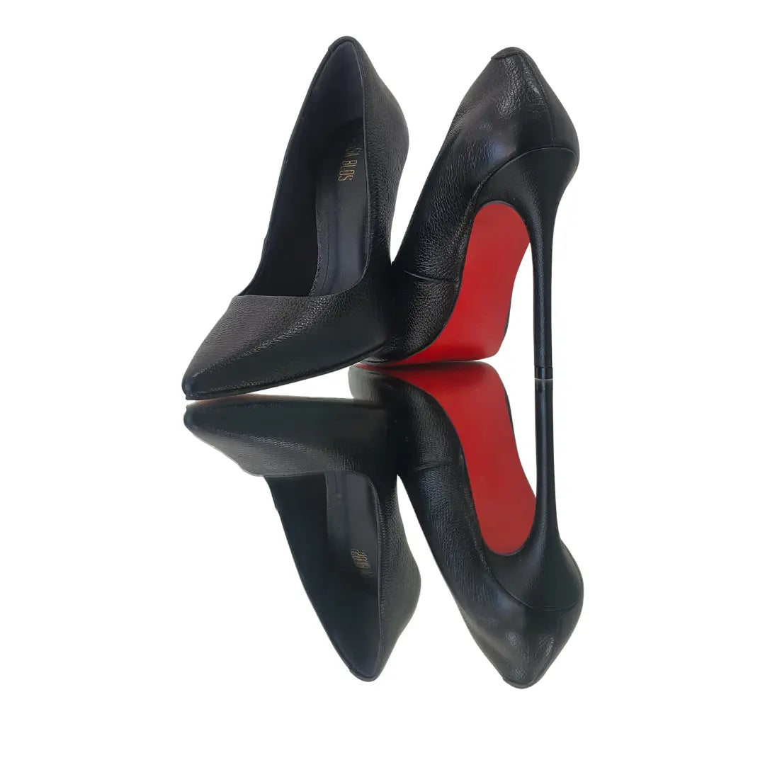 Scarpin Couro Legítimo Preto Fosco Salto Alto 12cm Sola Vermelha
