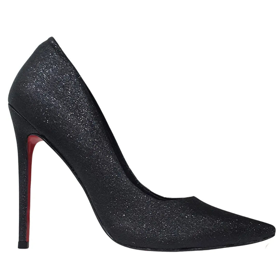 Scarpin Preto Glitter Salto Alto 12cm Sola Vermelha