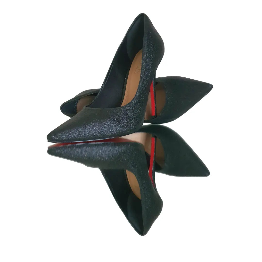 Scarpin Preto Glitter Salto Alto 12cm Sola Vermelha