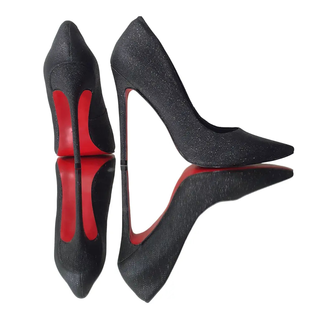 Scarpin Preto Glitter Salto Alto 12cm Sola Vermelha