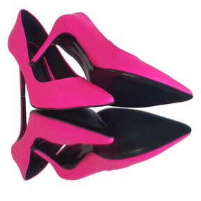 Scarpin Rosa Neon Salto Alto 10cm Sola Preta