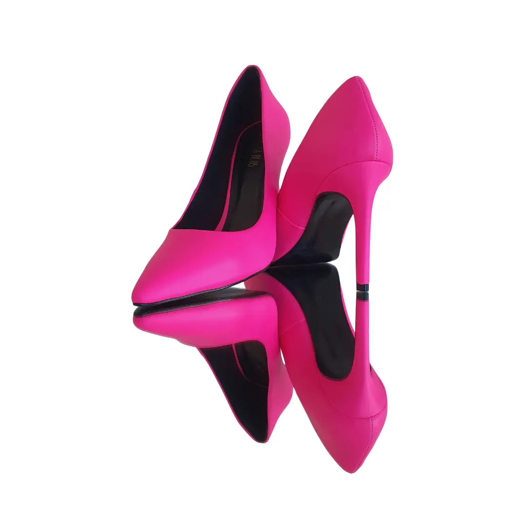 Scarpin Rosa Neon Salto Alto 10cm Sola Preta