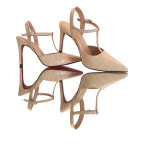 Scarpin Aberto Nude Croco Salto Alto 10cm Sola Vermelha