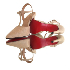 Scarpin Aberto Nude Croco Salto Alto 10cm Sola Vermelha