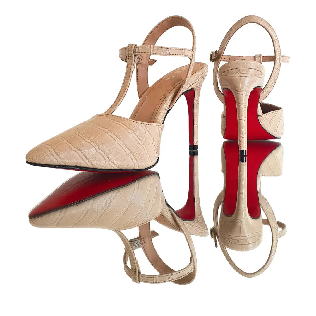 Scarpin Aberto Nude Croco Salto Alto 10cm Sola Vermelha