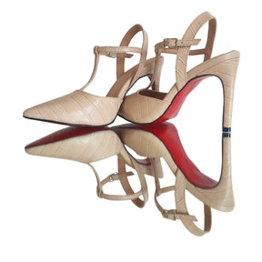 Scarpin Aberto Nude Croco Salto Alto 10cm Sola Vermelha