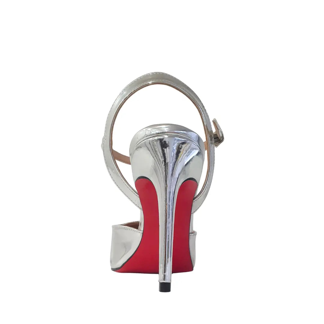 Scarpin Aberto Prata Espelhado Salto Alto 10cm Sola Vermelha