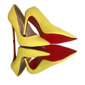 Scarpin Amarelo Fosco Salto Alto 12cm Sola Vermelha