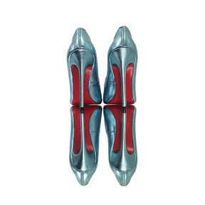 Scarpin Azul Claro Metalizado Salto Alto 12cm Sola Vermelha