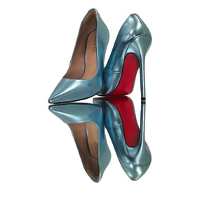 Scarpin Azul Claro Metalizado Salto Alto 12cm Sola Vermelha