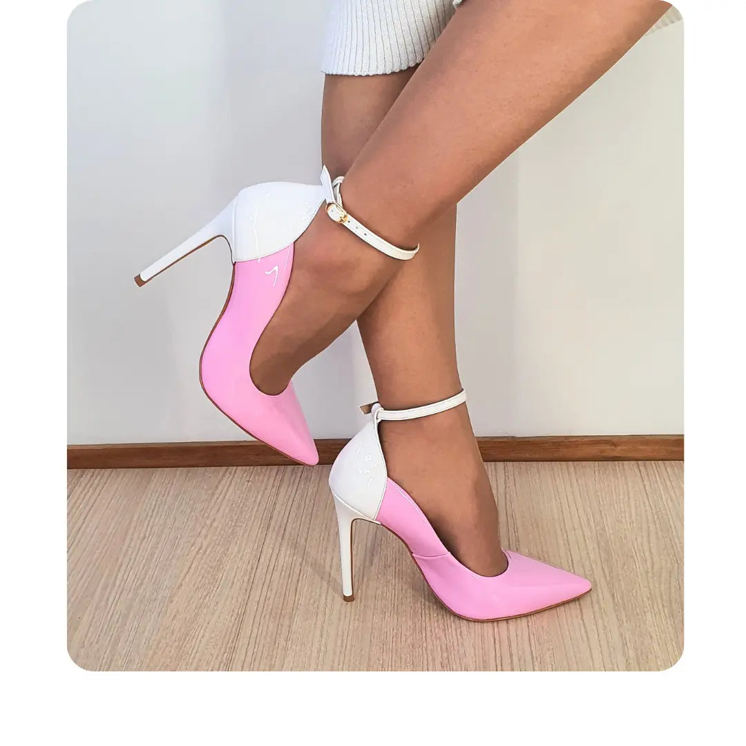 Scarpin Bicolor Rosa Com Branco Verniz Salto Alto 12cm Sola Bege