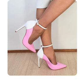 Scarpin Bicolor Rosa Com Branco Verniz Salto Alto 12cm Sola Bege