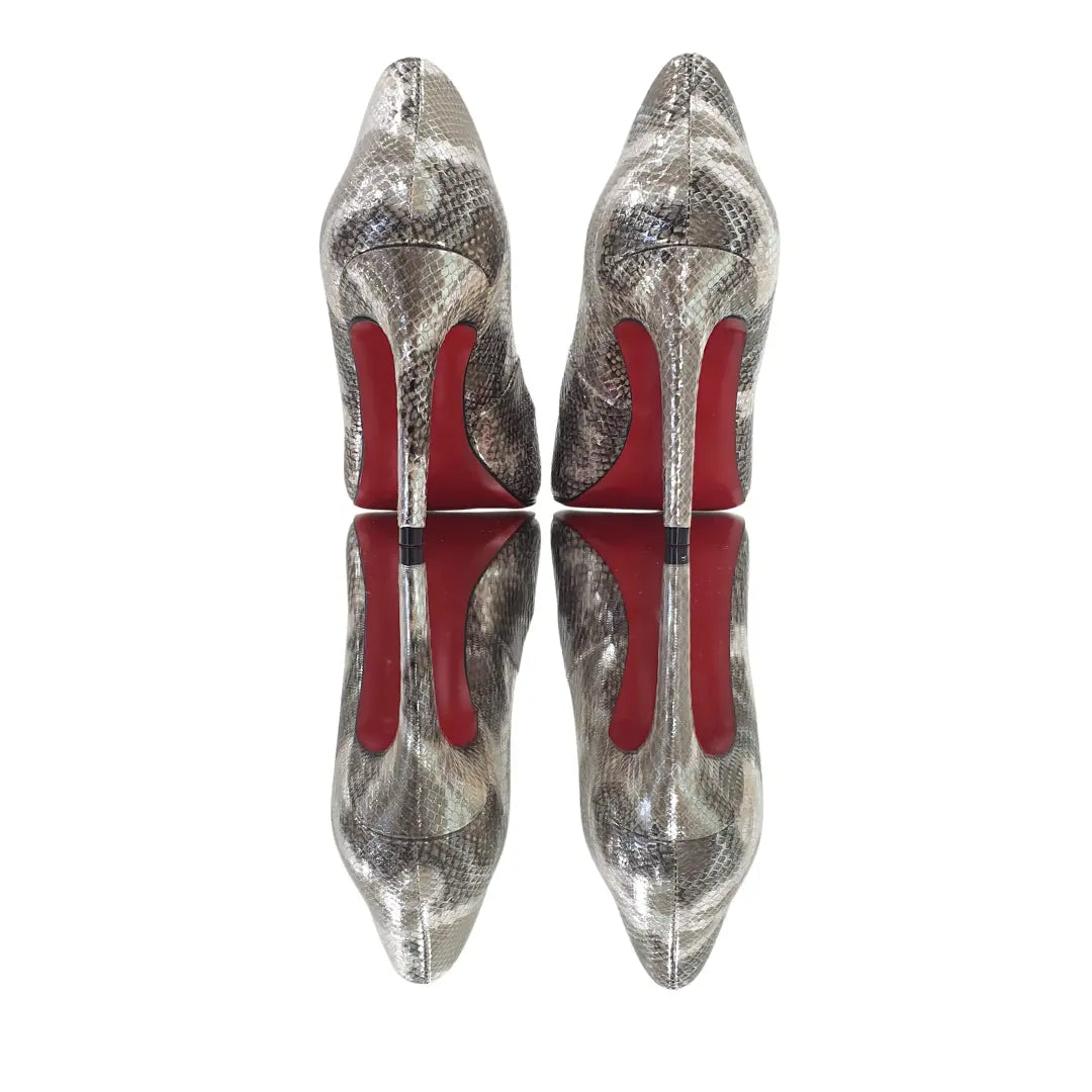 Scarpin Cobra Caramelo com Prata Salto Alto 10cm Sola Vermelha