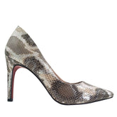 Scarpin Cobra Caramelo com Prata Salto Alto 10cm Sola Vermelha