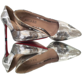 Scarpin Cobra Caramelo com Prata Salto Alto 10cm Sola Vermelha