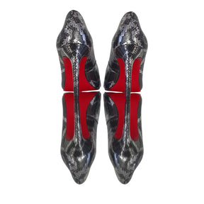 Scarpin Cobra Preto com Prata Salto Alto 10cm Sola Vermelha