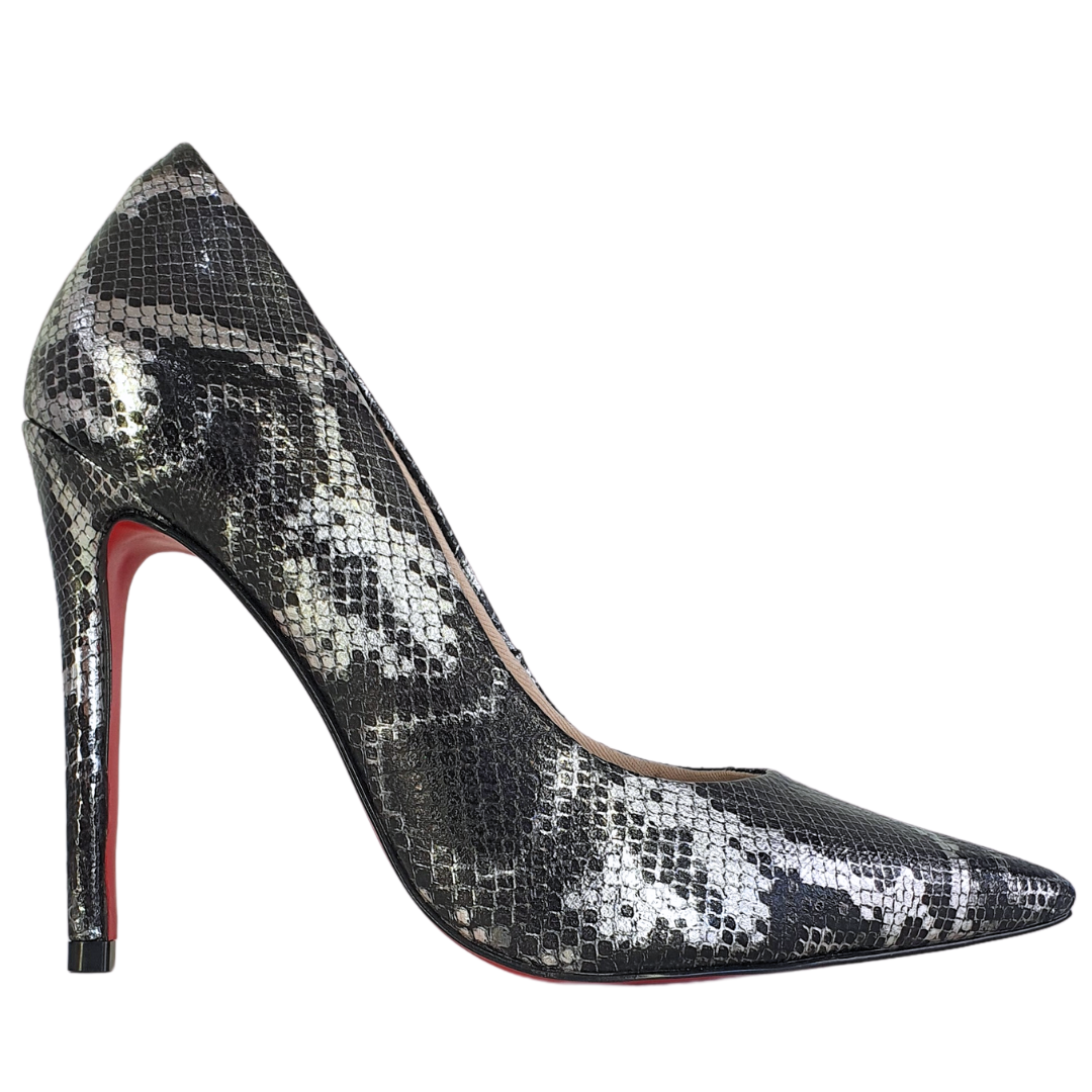 Scarpin Cobra Preto com Prata Salto Alto 12cm Sola Vermelha