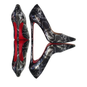Scarpin Cobra Preto com Prata Salto Alto 12cm Sola Vermelha