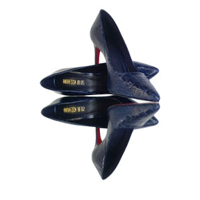Scarpin Couro Legítimo Azul Marinho Croco Salto Alto 10cm Sola Vermelha