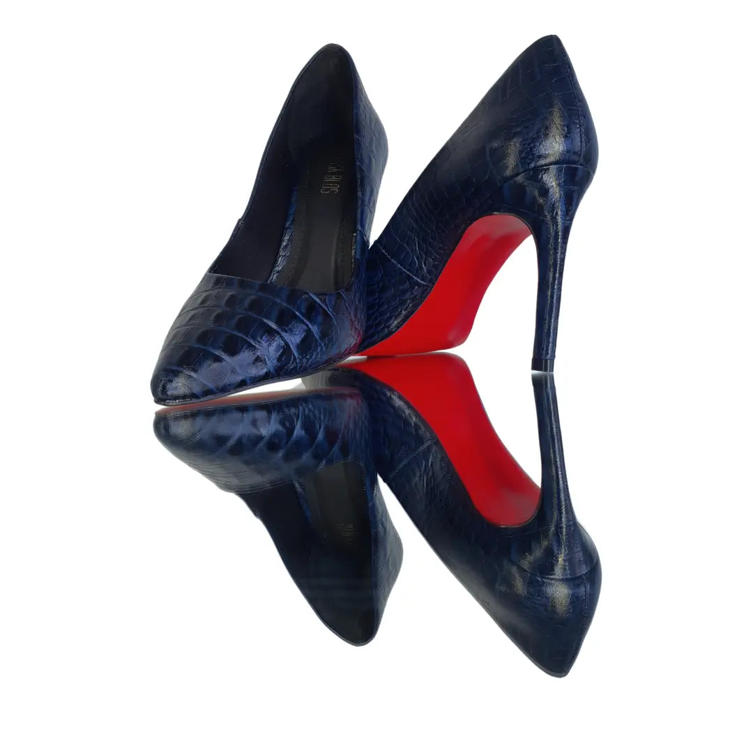 Scarpin Couro Legítimo Azul Marinho Croco Salto Alto 10cm Sola Vermelha