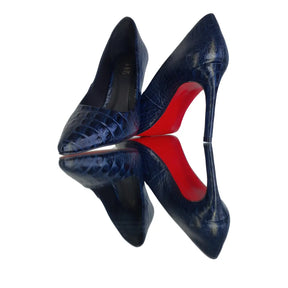 Scarpin Couro Legítimo Azul Marinho Croco Salto Alto 10cm Sola Vermelha