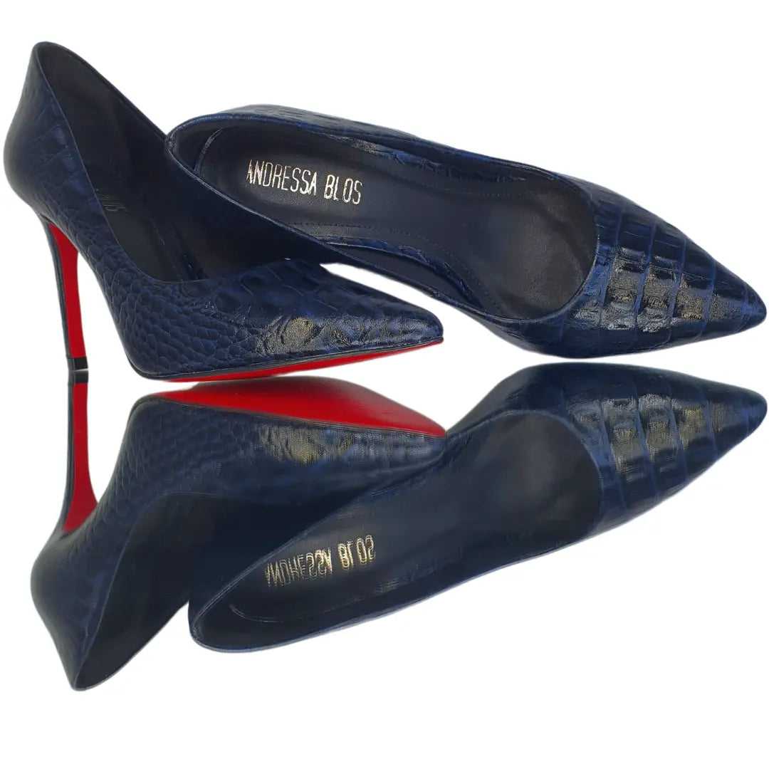 Scarpin Couro Legítimo Azul Marinho Croco Salto Alto 10cm Sola Vermelha