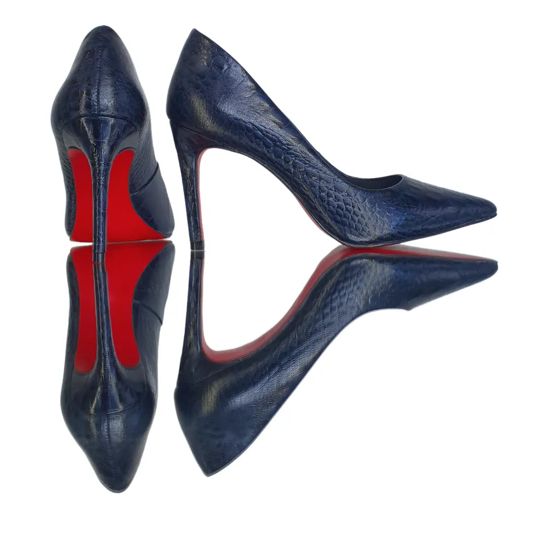 Scarpin Couro Legítimo Azul Marinho Croco Salto Alto 10cm Sola Vermelha