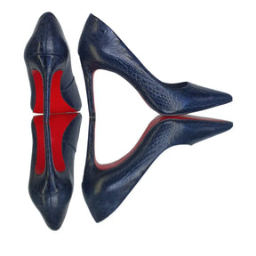 Scarpin Couro Legítimo Azul Marinho Croco Salto Alto 10cm Sola Vermelha