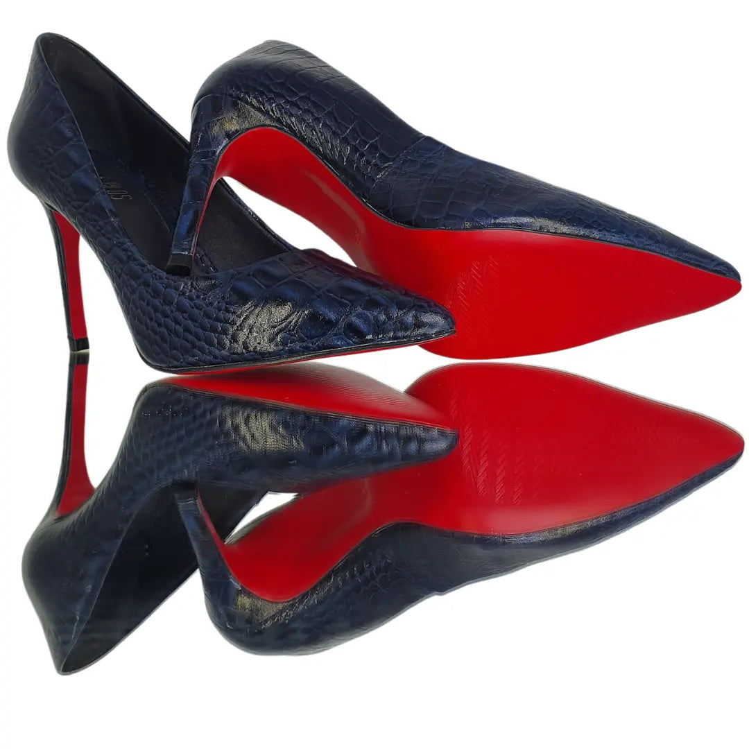 Scarpin Couro Legítimo Azul Marinho Croco Salto Alto 10cm Sola Vermelha