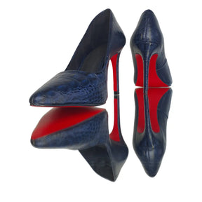 Scarpin Couro Legítimo Azul Marinho Croco Salto Alto 10cm Sola Vermelha