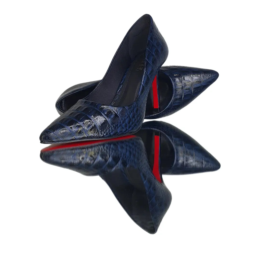 Scarpin Couro Legítimo Azul Marinho Croco Salto Alto 10cm Sola Vermelha