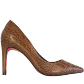 Scarpin Couro Legítimo Caramelo Croco Salto Alto 10cm Sola Vermelha