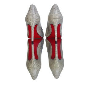 Scarpin Couro Legítimo Off White Croco Salto Alto 10cm Sola Vermelha