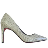 Scarpin Couro Legítimo Off White Croco Salto Alto 10cm Sola Vermelha