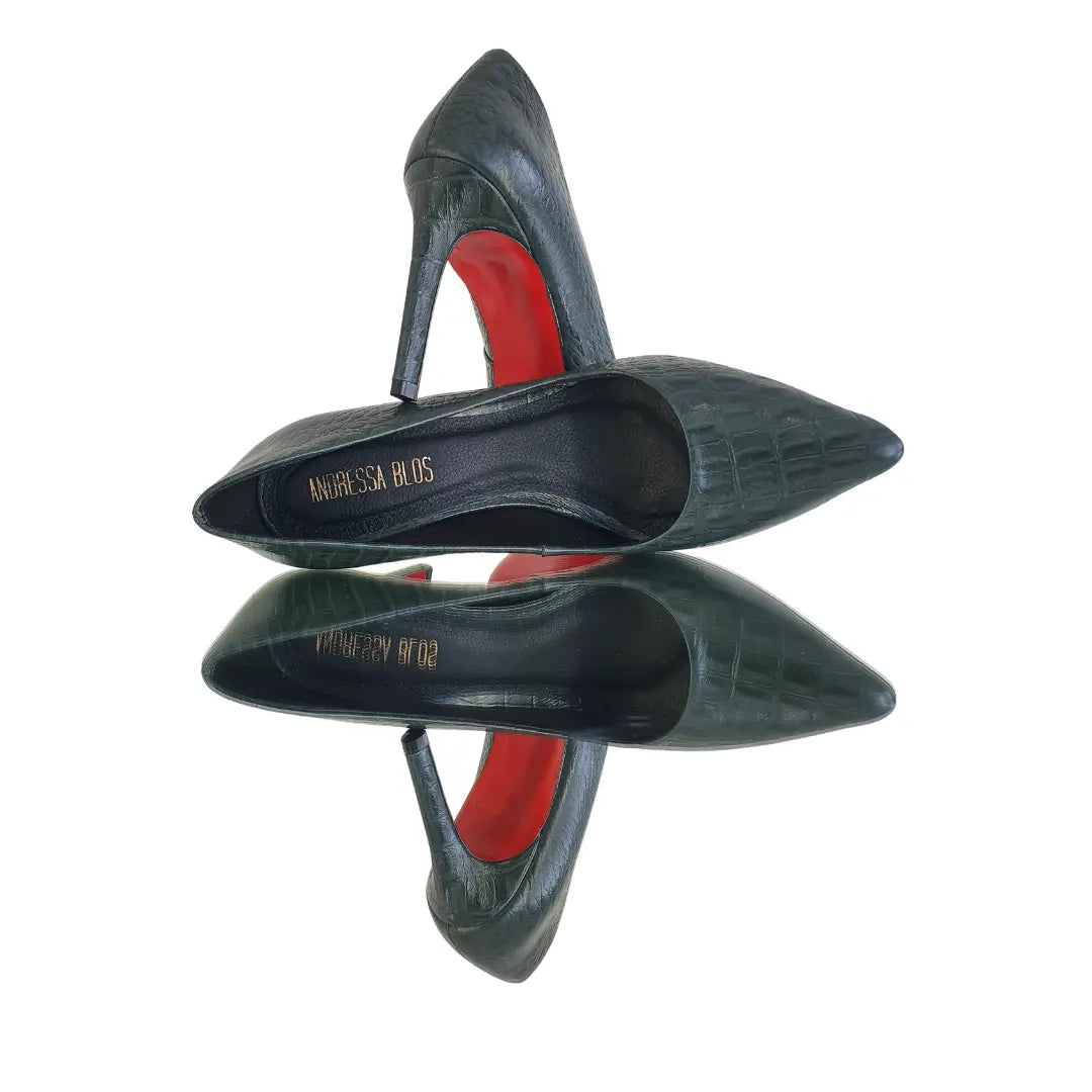 Scarpin Couro Legítimo Verde Militar Croco Salto Alto 10cm Sola Vermelha