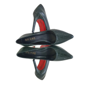 Scarpin Couro Legítimo Verde Militar Croco Salto Alto 10cm Sola Vermelha