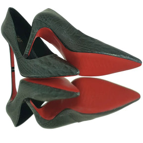 Scarpin Couro Legítimo Verde Militar Croco Salto Alto 10cm Sola Vermelha