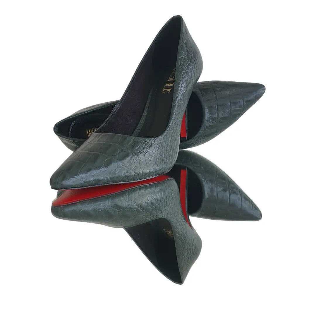 Scarpin Couro Legítimo Verde Militar Croco Salto Alto 10cm Sola Vermelha