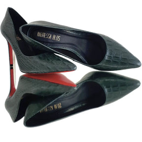 Scarpin Couro Legítimo Verde Militar Croco Salto Alto 10cm Sola Vermelha