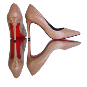 Scarpin Couro Legítimo Nude Croco Salto Alto 10cm Sola Vermelha