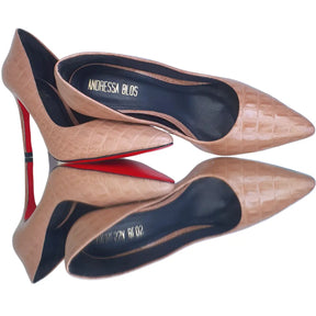 Scarpin Couro Legítimo Nude Croco Salto Alto 10cm Sola Vermelha