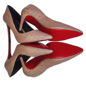 Scarpin Couro Legítimo Nude Croco Salto Alto 10cm Sola Vermelha