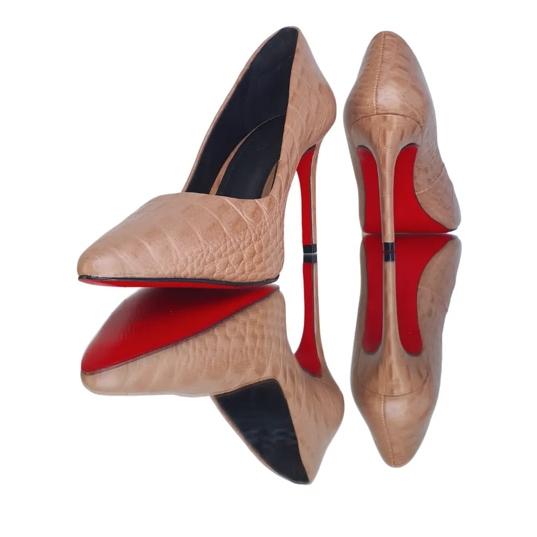 Scarpin Couro Legítimo Nude Croco Salto Alto 10cm Sola Vermelha