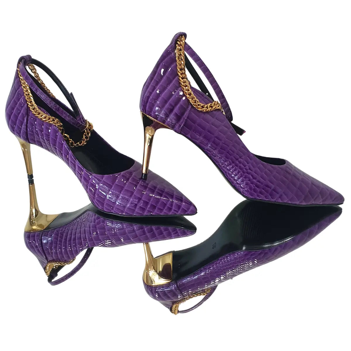 Scarpin Couro Legítimo Roxo Croco Verniz Salto Dourado Sola Preta