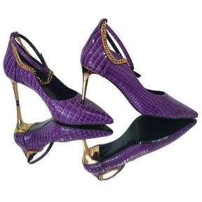 Scarpin Couro Legítimo Roxo Croco Verniz Salto Dourado Sola Preta