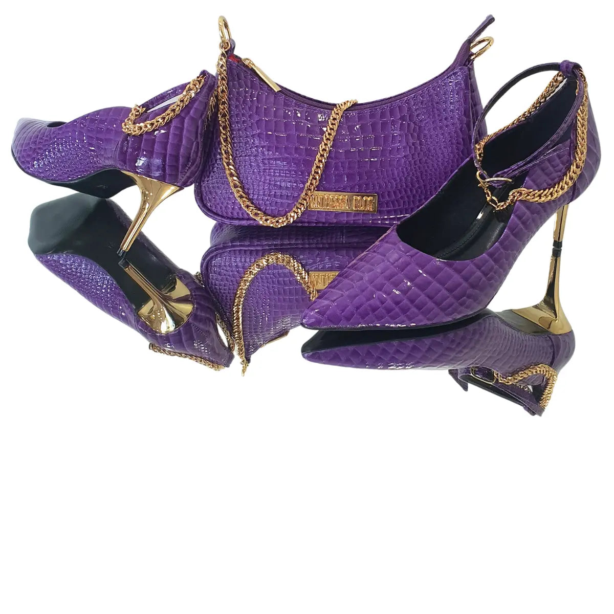 Scarpin Couro Legítimo Roxo Croco Verniz Salto Dourado Sola Preta