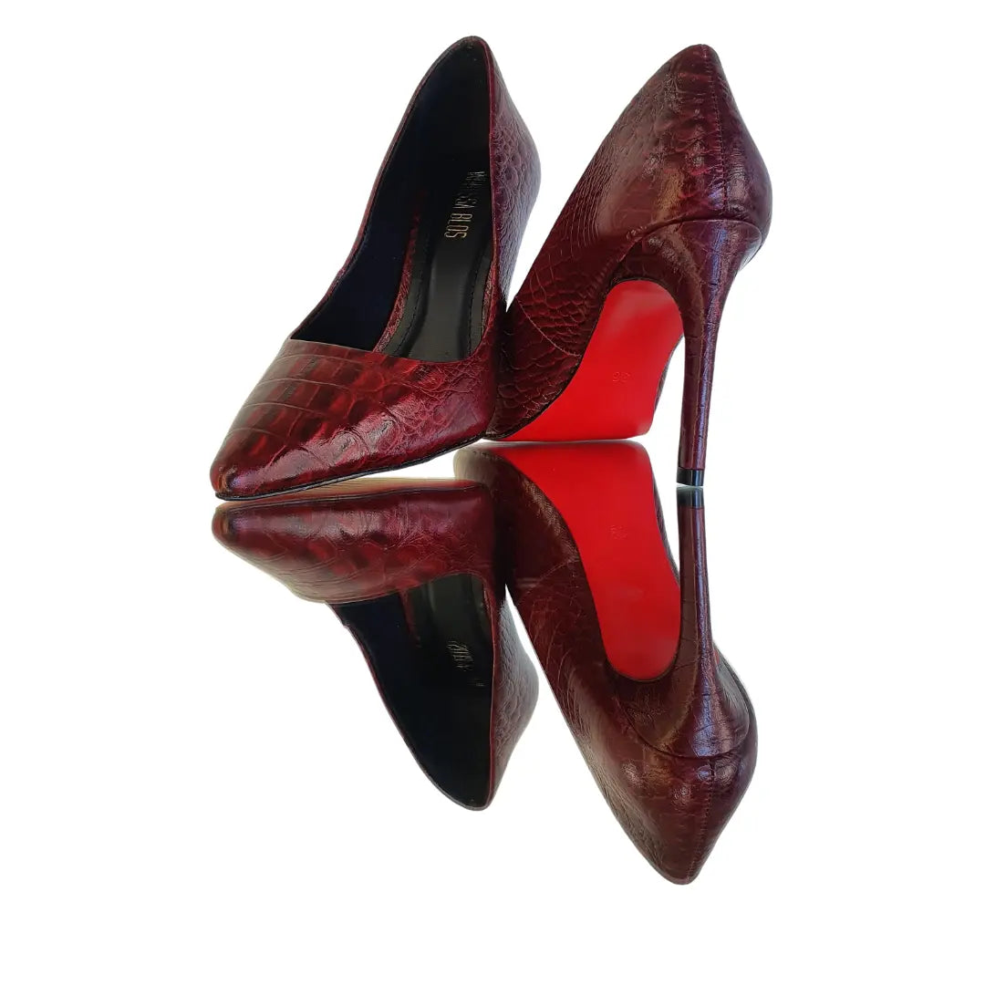Scarpin Couro Legítimo Marsala Croco Salto Alto 10cm Sola Vermelha