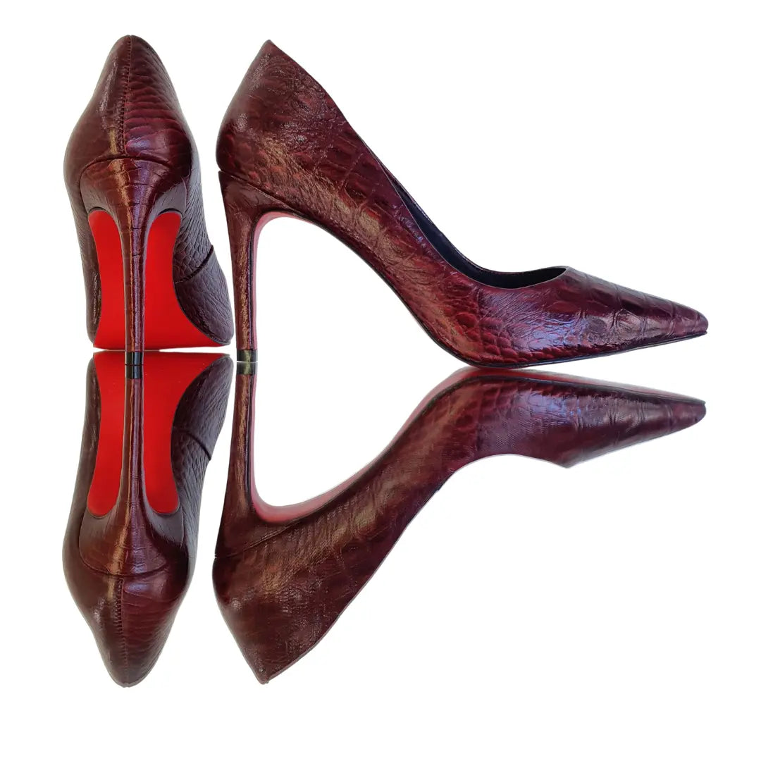 Scarpin Couro Legítimo Marsala Croco Salto Alto 10cm Sola Vermelha