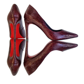 Scarpin Couro Legítimo Marsala Croco Salto Alto 10cm Sola Vermelha